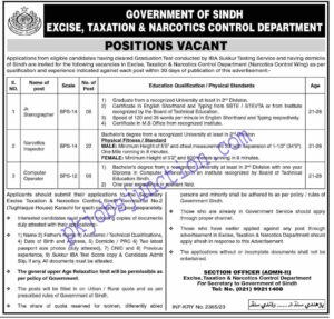 Excise Taxation and Narcotics control Department Sindh jobs 2023