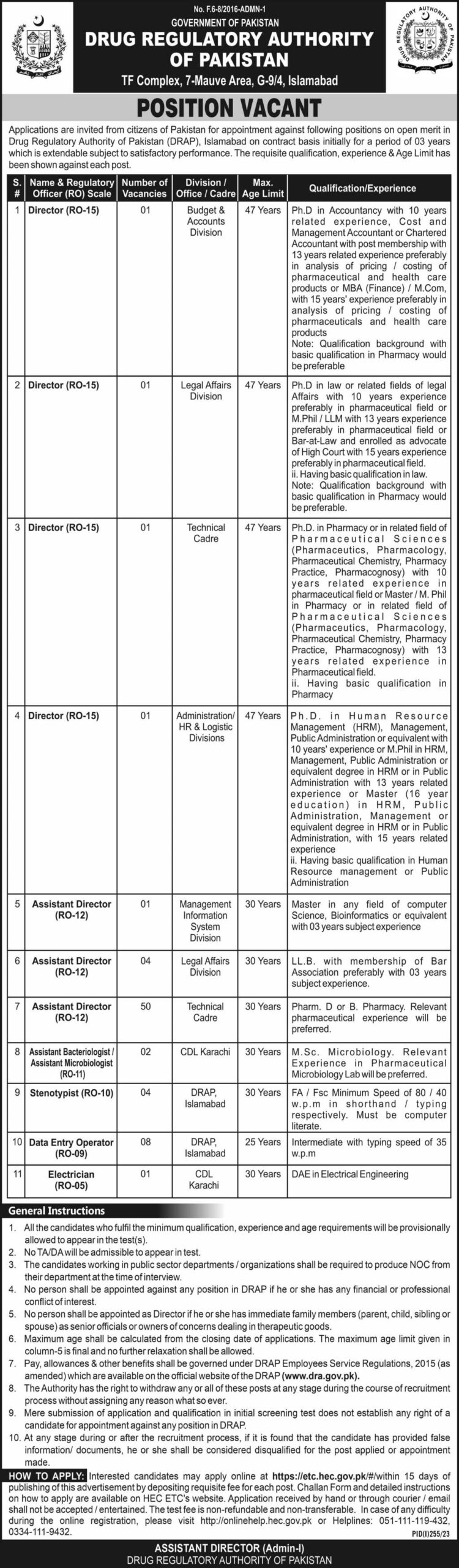 Drug Regulatory Authority Of Pakistan Islamabad Jobs 2023 for Director Stenotypist and Driver
