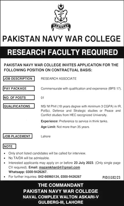 Pakistan Navy War College Jobs 2023