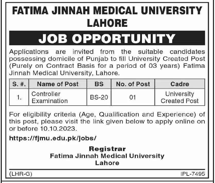 Fatima Jinnah Medical University Lahore Jobs 2023