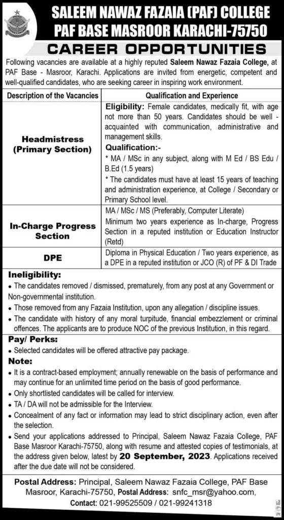 Saleem Nawaz Fazaia College PAF Base Masroor Karachi Jobs 2023