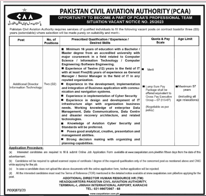 Pakistan Civil Aviation Authority Jobs 2023 For Additional Director Information Technology