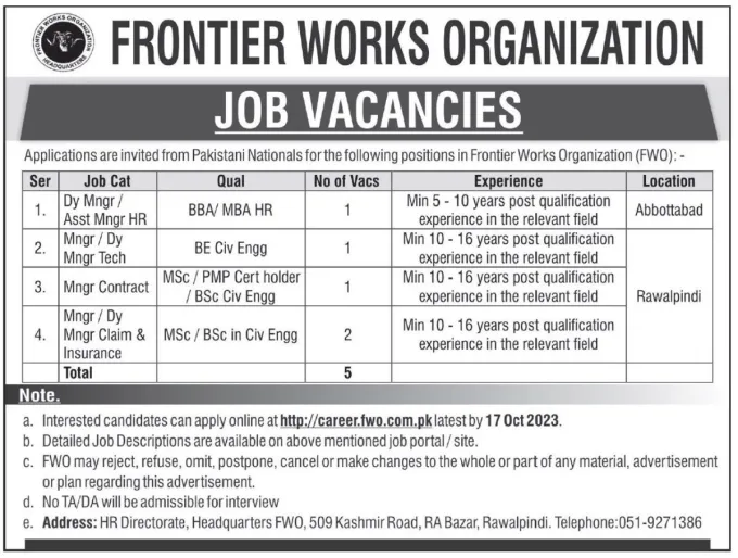 Frontier Works Organization FWO Jobs Online Apply