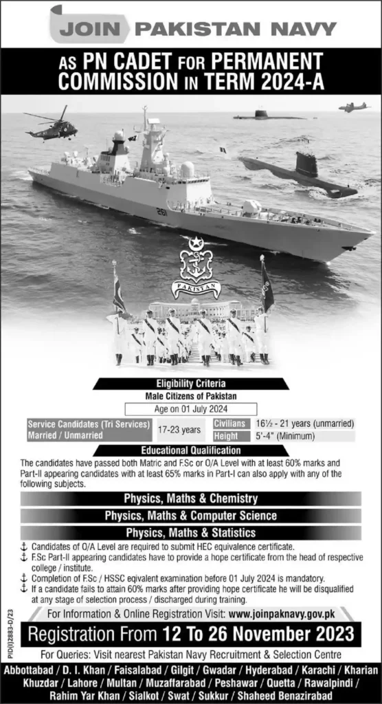 Join Pakistan Navy as PN Cadet for Permanent Commission