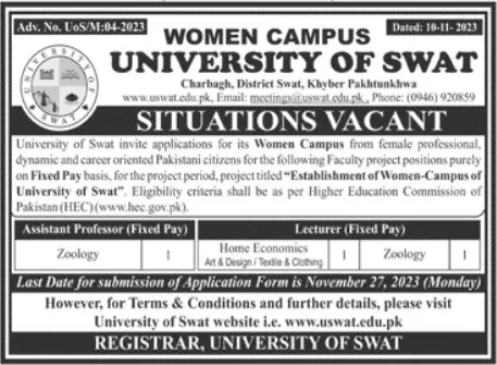 Women Campus University of Swat Jobs 2023