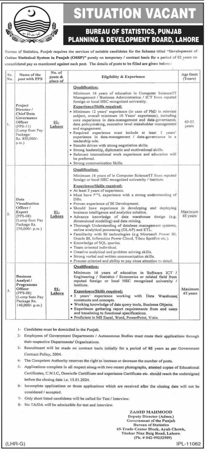 Bureau of Statics Planning and Development Punjab Jobs 2024