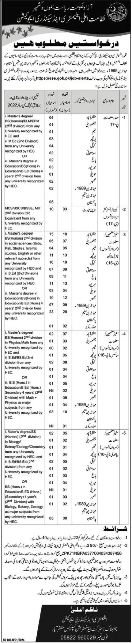 AJK Elementary and Secondary Education Department Jobs 2024
