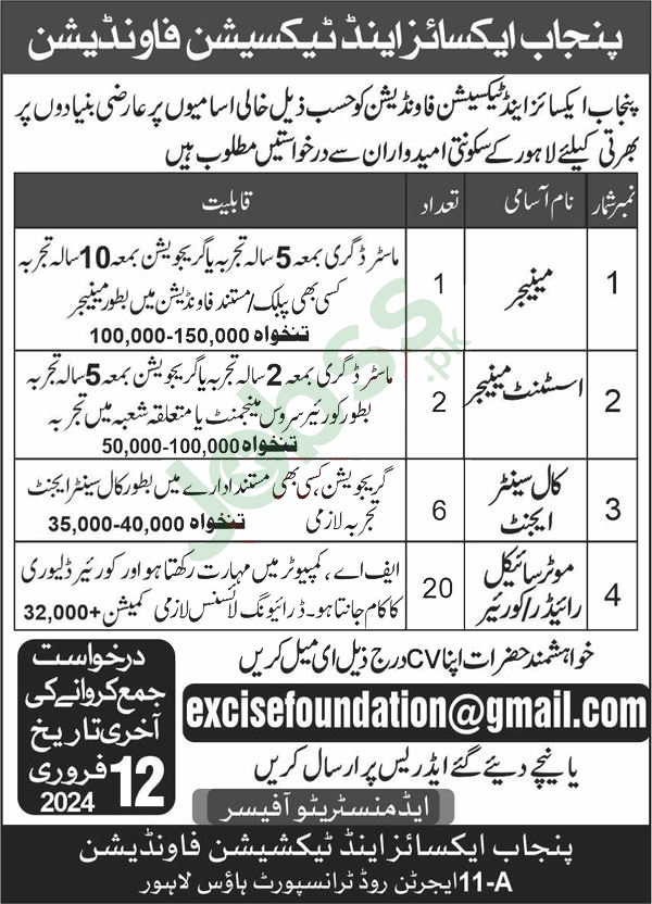 Punjab Excise and Taxation Foundation Jobs 2024