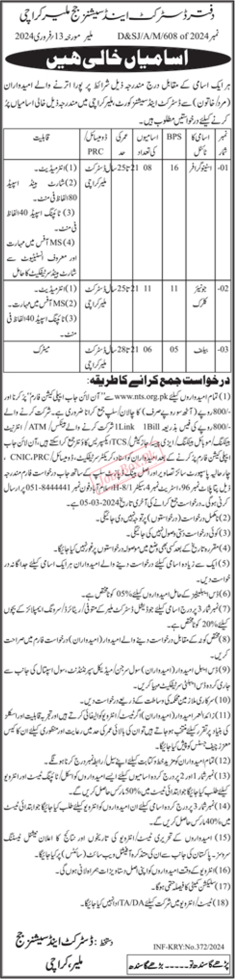 District and Session Courts Karachi Jobs 2024