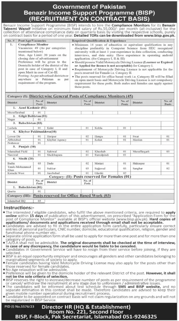 Benazir Income Support Programme BISP Jobs 2024