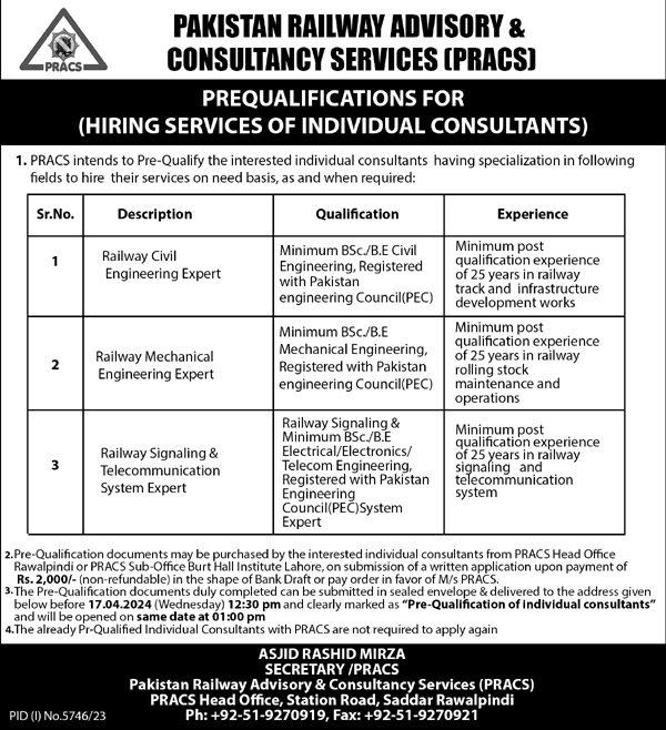 Pakistan Railway Advisory and Consultancy Services Jobs 2024