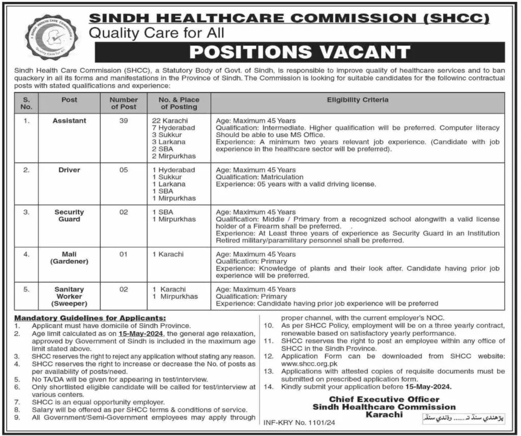 Sindh Health Care Commission Jobs 2024 Application form