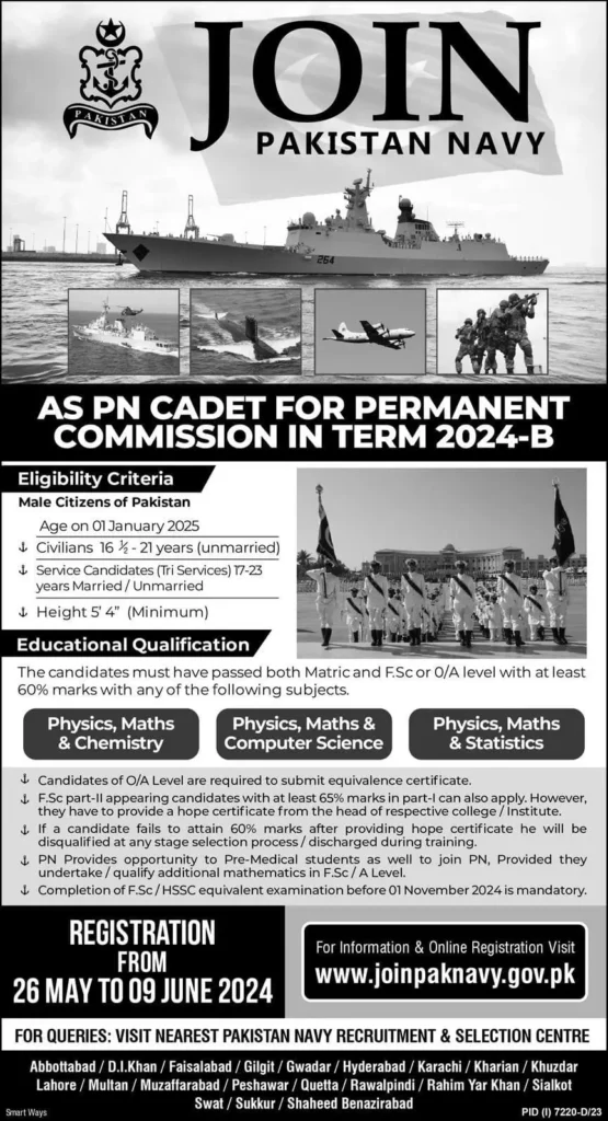 Join Pakistan Navy as PN Cadet for Permanent Commission in Term 2024-B Online Apply