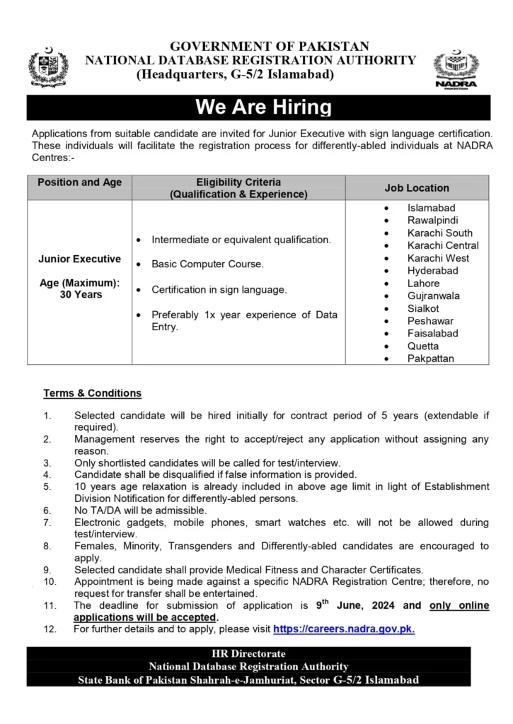 NADRA Jobs 2024 for Junior Executive Online Apply at www.nadra.gov.pk