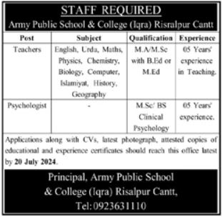 Army Public School and College Risalpur Cantt Jobs 2024