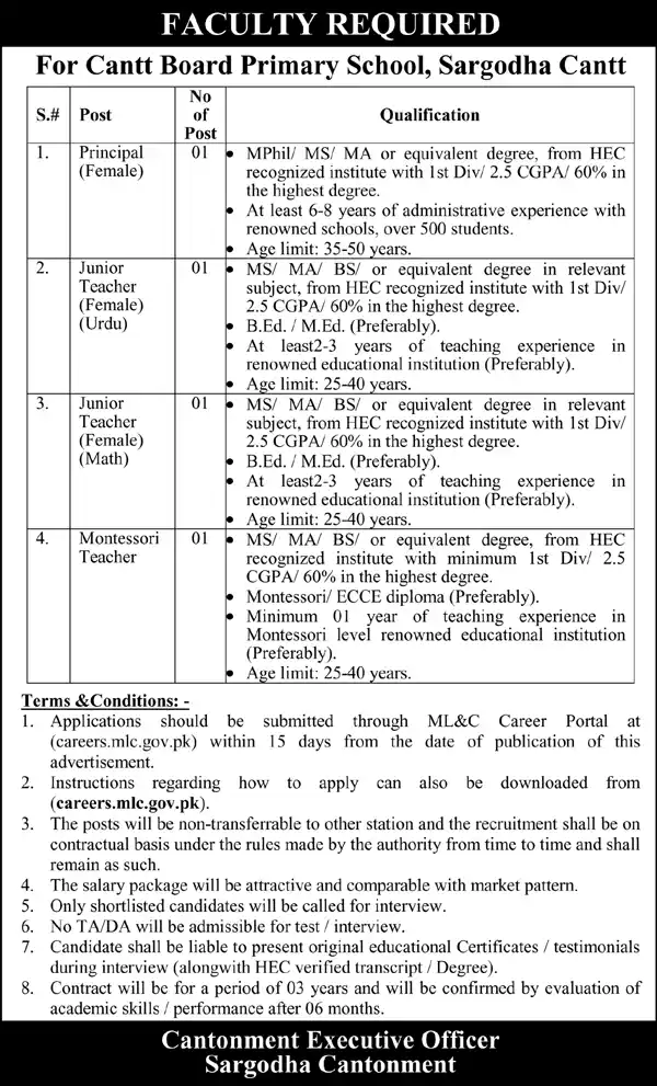 Cantt Board Primary School Sargodha Jobs 2024