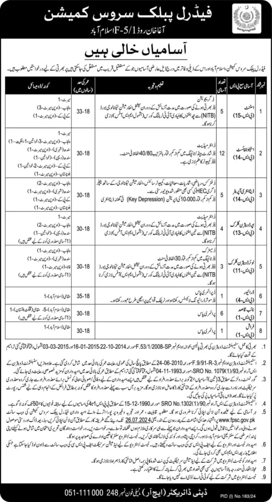  Federal Public Service Commission FPSC Jobs 2024 | Apply online at www.fpsc.gov.pk