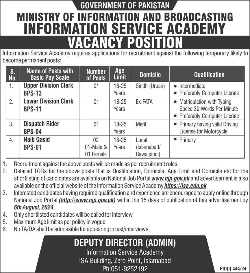 Ministry of Information and Broadcasting MOIB Jobs 2024