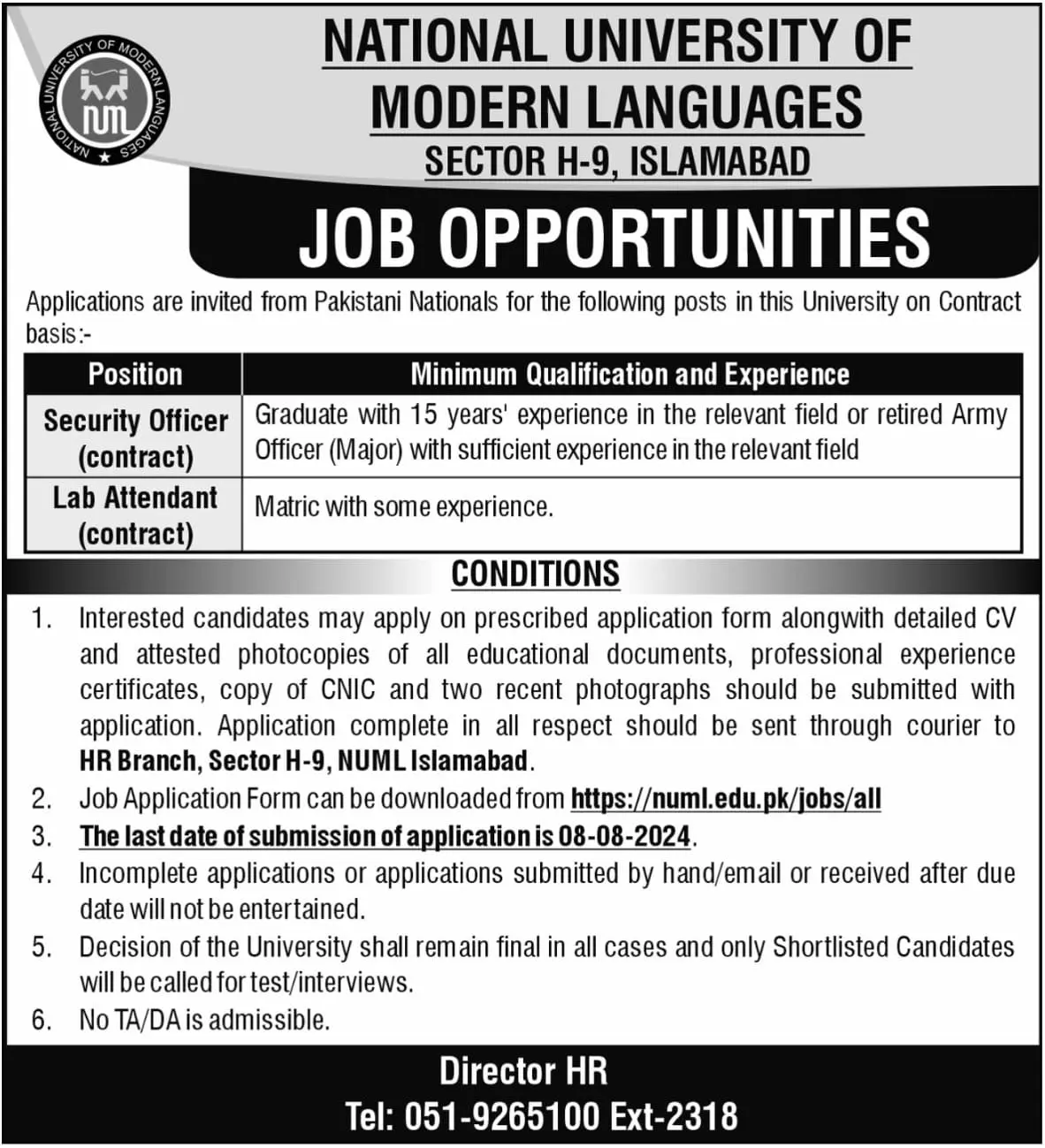 National University Of Modern Languages NUML Jobs 2024 For Security officer & Lab Attendant