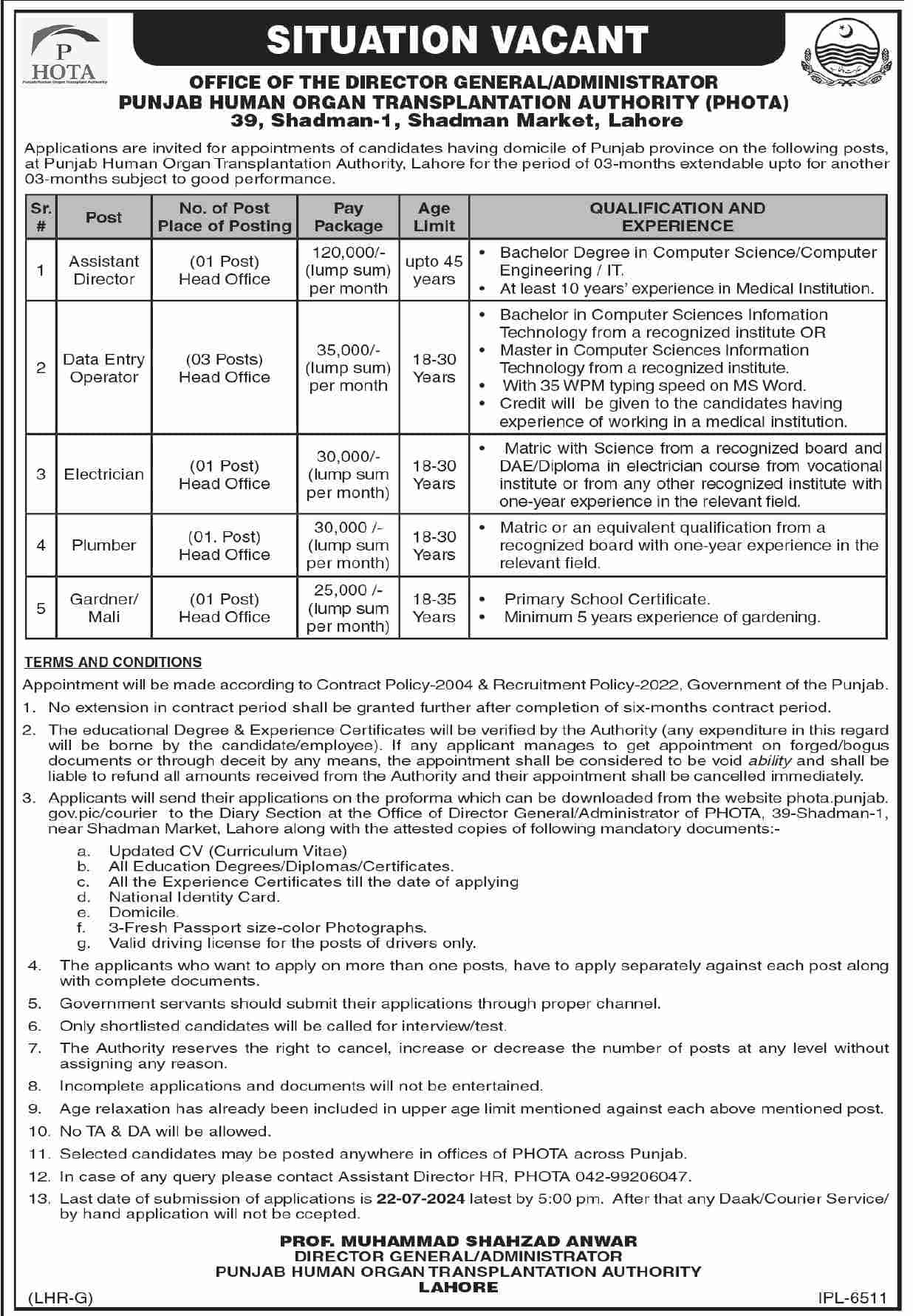 Punjab Human Organ Transplantation Authority PHOTA Jobs 2024