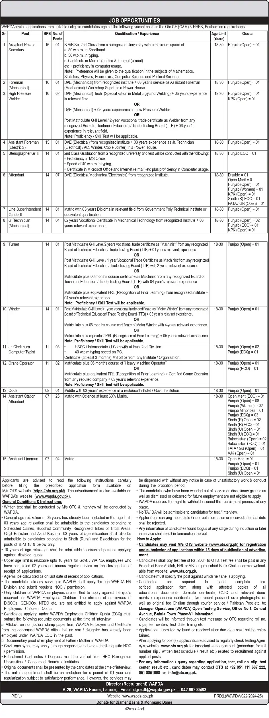 Water And Power Development WAPDA Jobs 2024 Matric Base