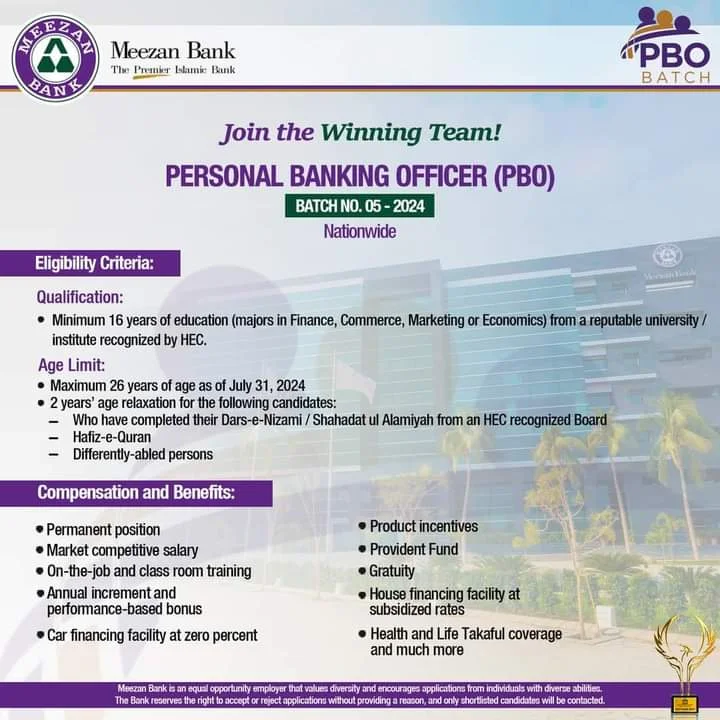 Meezan Bank Personal Banking Officers Jobs 2024