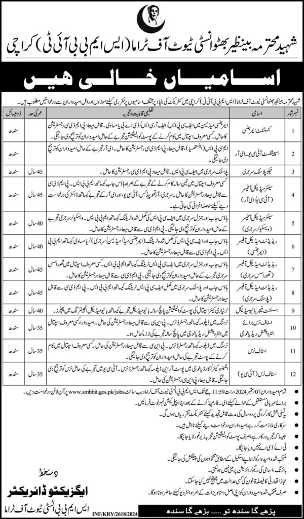 Shaheed Mohtarma Benazir Bhutto Institute of Trauma SMBBIT Jobs 2024