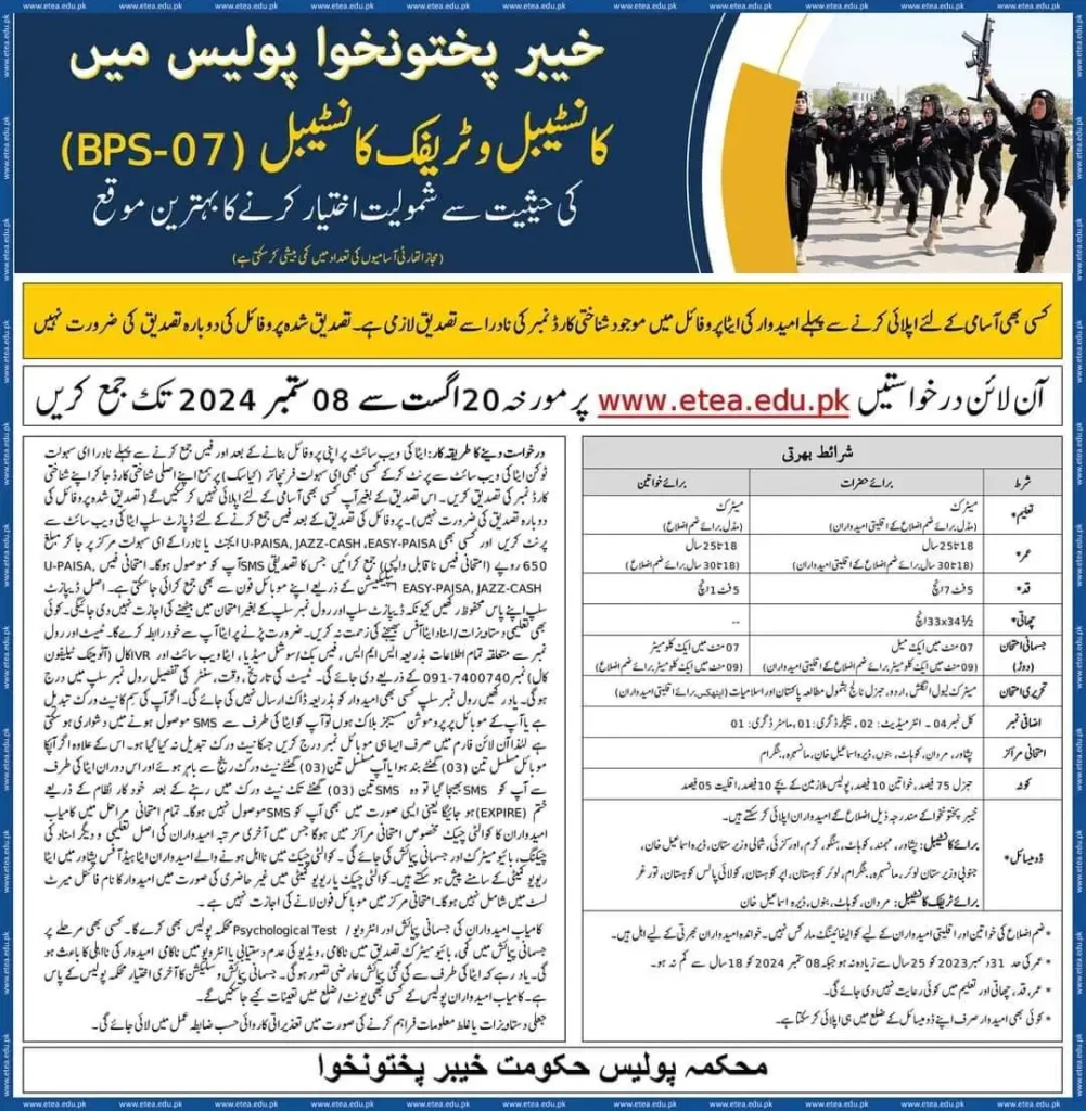 kpk Police Jobs 2024 For Constable and Traffic Constable 