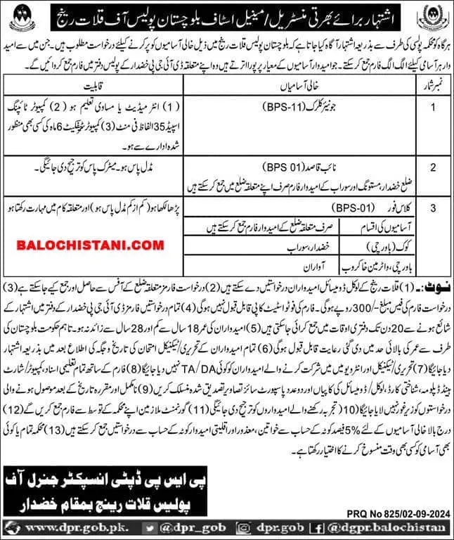 Balochistan Police Jobs in Kalat Division 2024