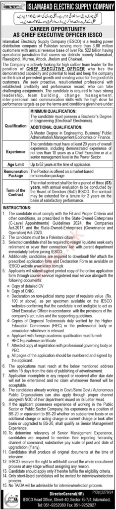 Islamabad Electric Supply Company IESCO Jobs 2024 for Chief Executive Officer