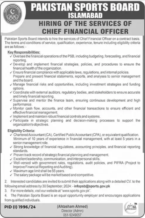 Pakistan Sports Board PSB Chief Financial Officer Jobs 2024