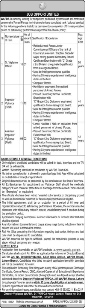 WAPDA Jobs 2024 for Armed Forces Retirees