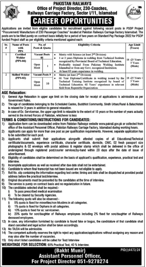 Pakistan Railway Carriage Factory Welder Jobs 2025