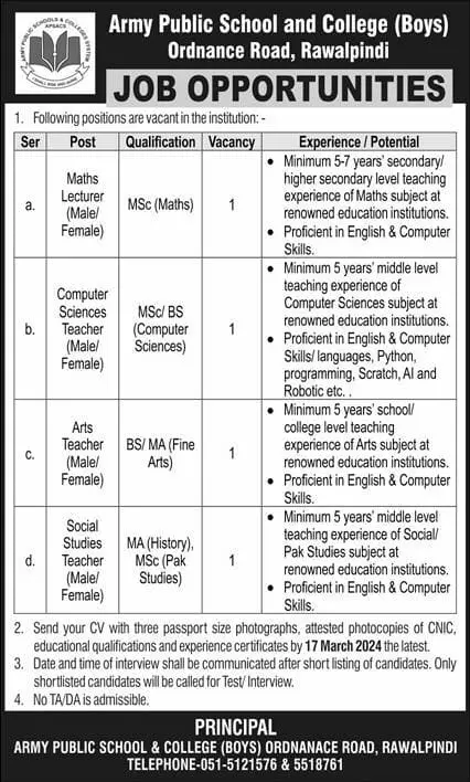 Army Public School and College Rawalpindi Jobs 2025 Apply Now