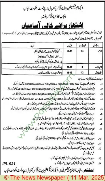 Excise Taxation & Narcotics Control Department Jobs 2025 Apply Now