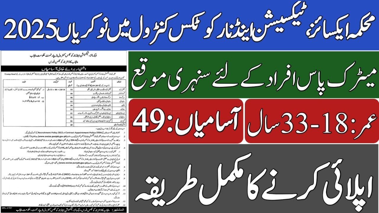 Lady Constable Jobs in Punjab Excise, Taxation & Narcotics Control Department 2025