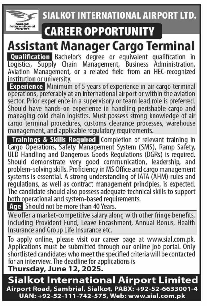 Sialkot International Airport Jobs 2025 for Assistant Manager Cargo Terminal 2 Sialkot International Airport Jobs 2025 for Assistant Manager Cargo Terminal